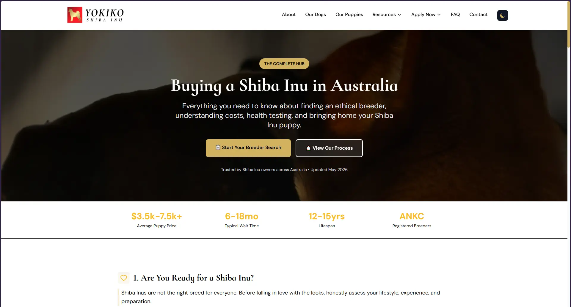 Yokiko buying guide pillar page with puppy pricing, wait-time facts and a structured guide to choosing a Shiba Inu