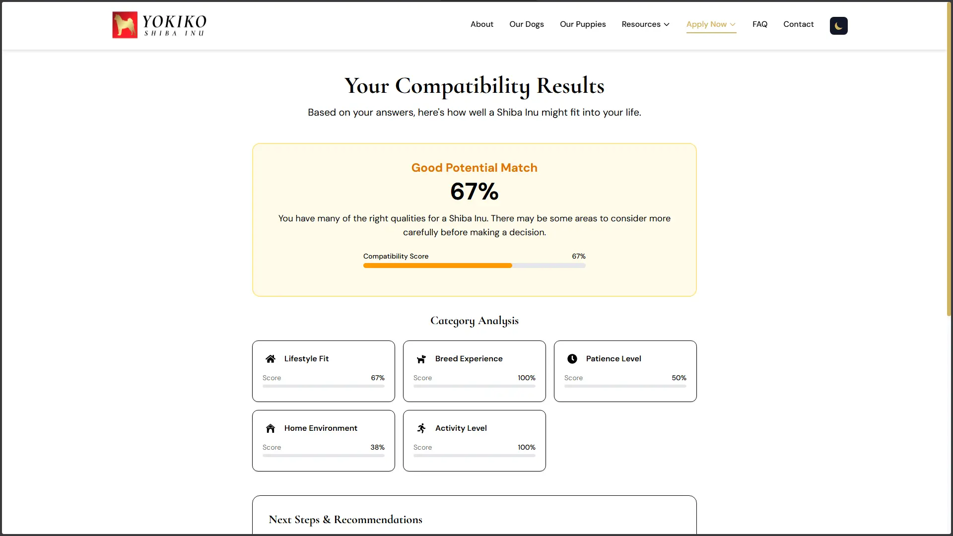Yokiko compatibility quiz result showing a 67 percent potential match and areas to consider before choosing a Shiba Inu