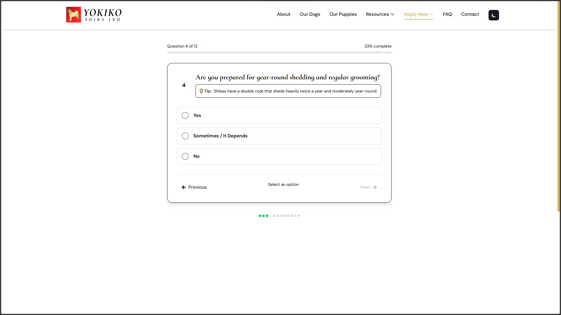Yokiko compatibility quiz question asking whether the owner is prepared for year-round shedding and regular grooming