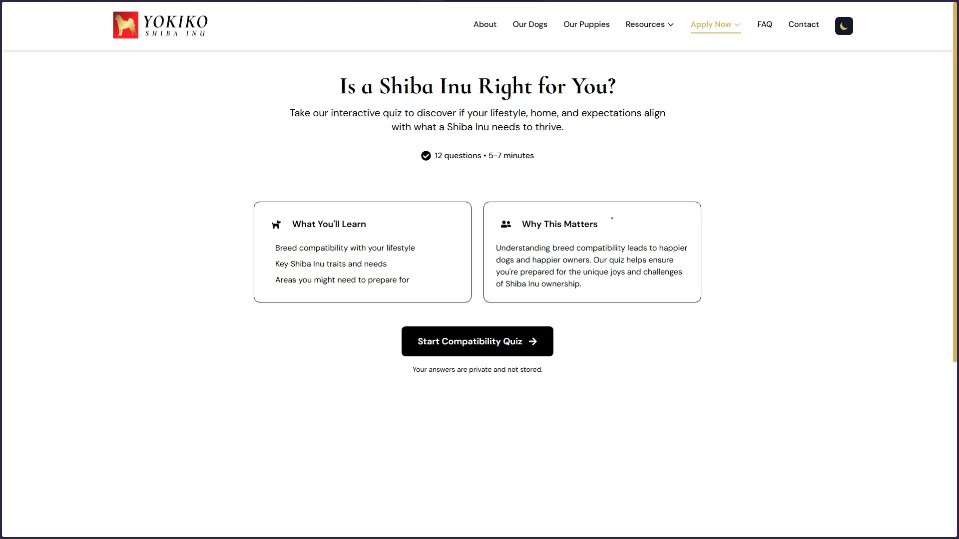 Introduction to Yokiko's Shiba Inu compatibility quiz explaining what prospective owners will learn