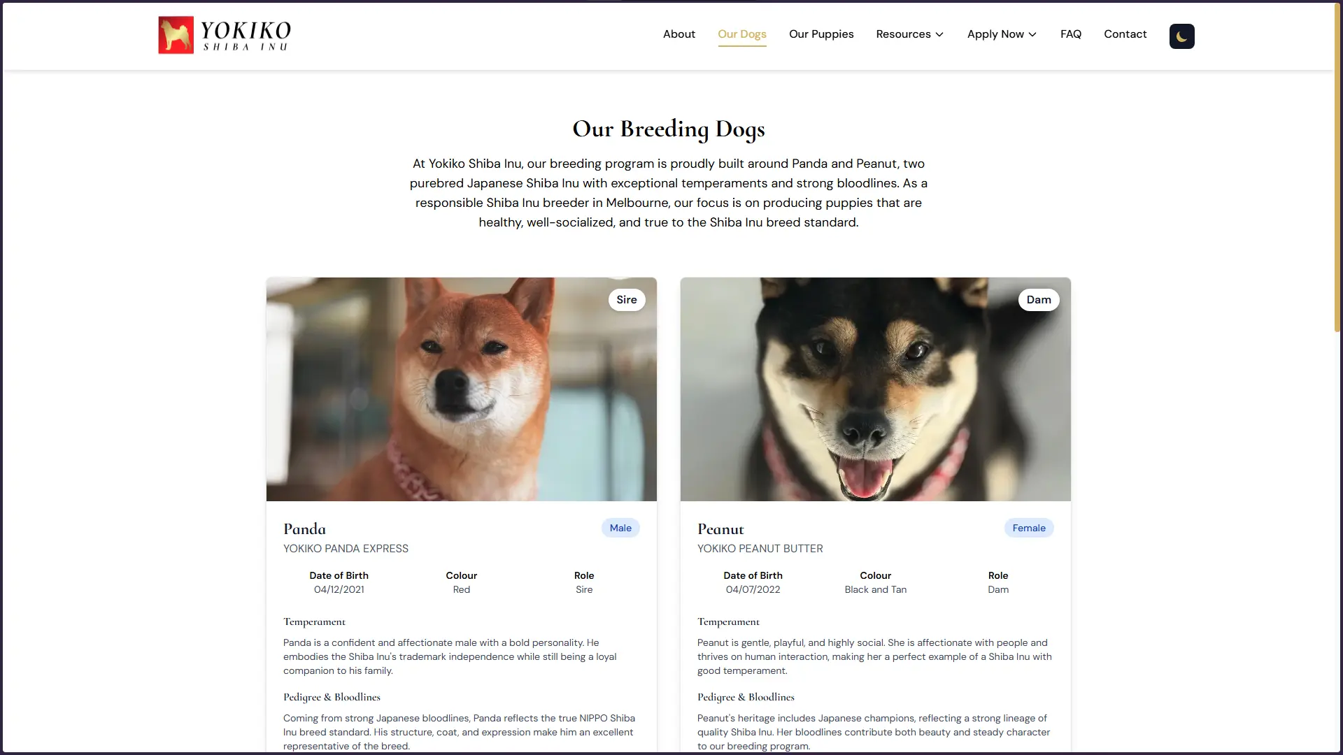 Yokiko Our Dogs page showing photos, lineage, temperament and breeding details for Panda and Peanut